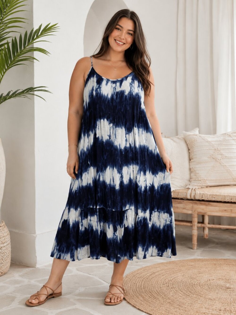 Chris & Carol Plus Navy Blue Tie Dye Spaghetti Strap Summer Dress Tiered Midi 1X